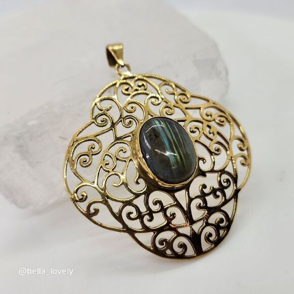Labradorite Gold Toned Ethnic Handmade Filigree Pendant Jewelry 2.27" - Picture 3 of 6